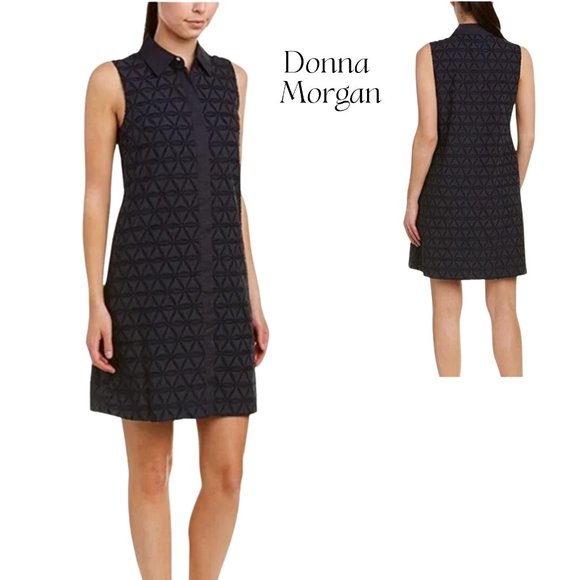 DONNA MORGAN NAVY GEO BURNOUT SHIRT DRESS TAILORED SHIFT DRESS, TRIANGLE MOTIF 8 - Picture 3 of 3